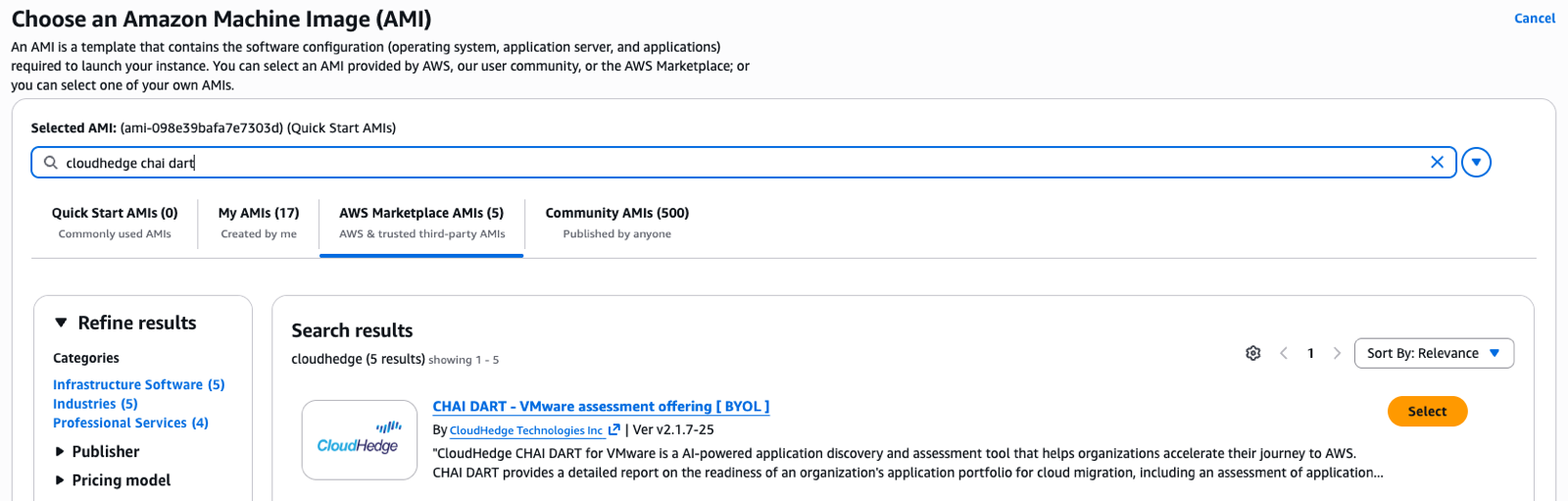 AWS console showing AMI search with cloudhedge chai dart in the AWS Marketplace AMIs tab