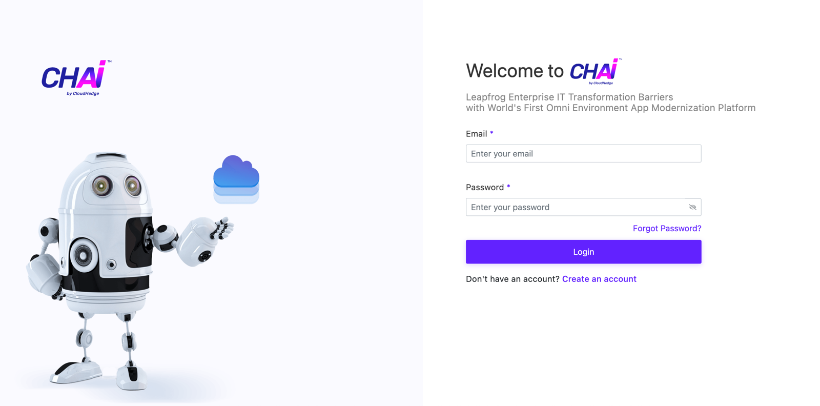 CHAI welcome screen with email and password fields