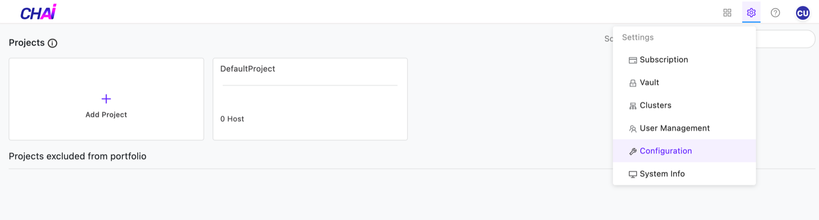 CHAI projects view with settings dropdown showing Configuration highlighted