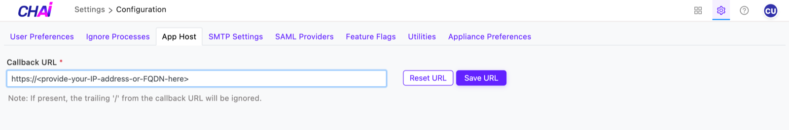 App Host configuration tab with Callback URL input and Save URL button